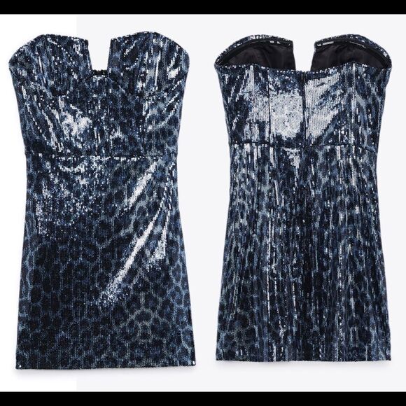 ZARA Festive Days Blue sequin leopard print strapless minidress Sz S NWT - Picture 7 of 14